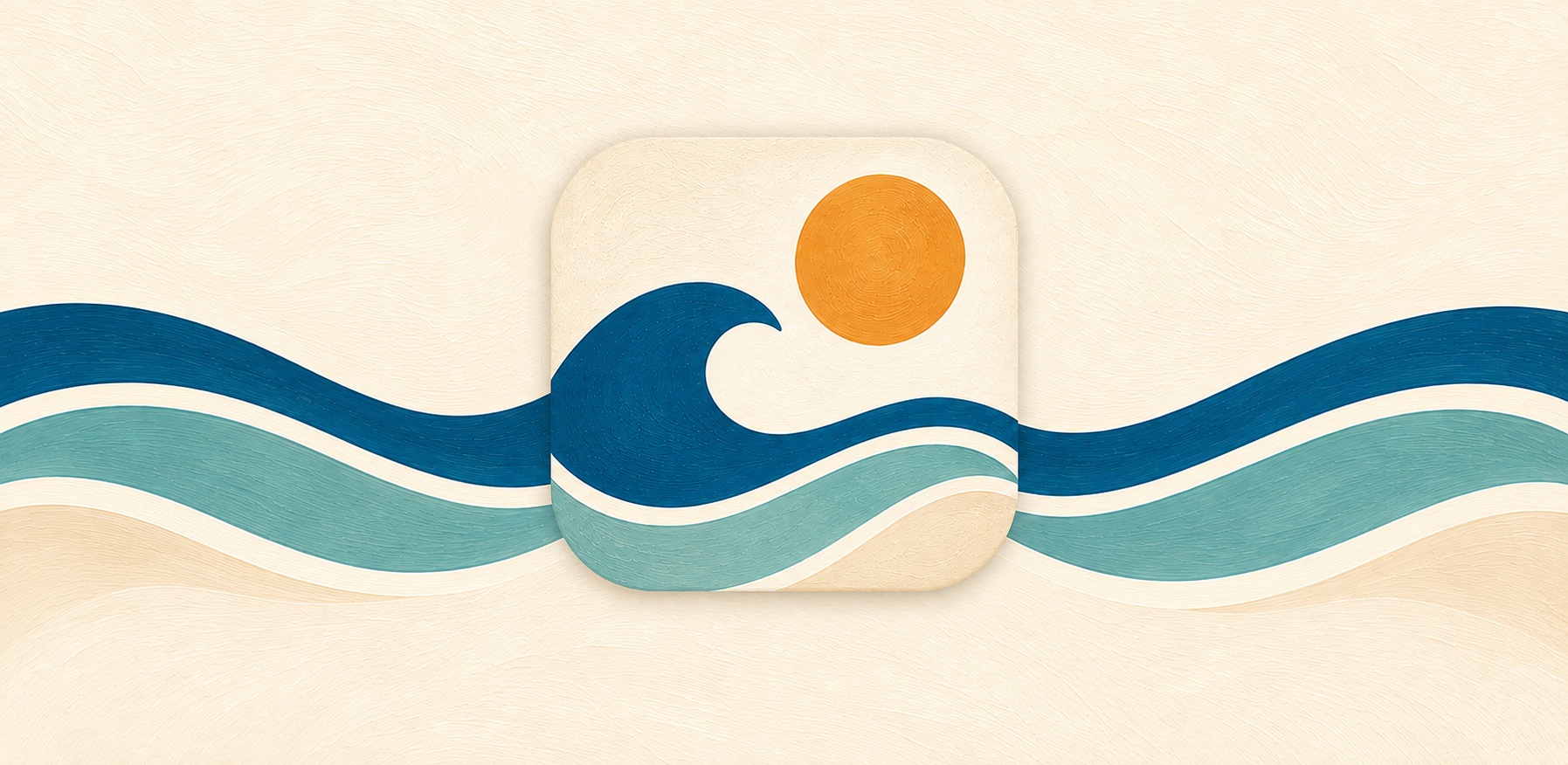 El icono de Barceola sobre fondo crema, con olas azul marino y verde agua que continúan a ambos lados